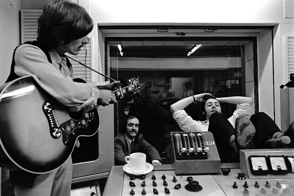 Paul and George in the mixing room